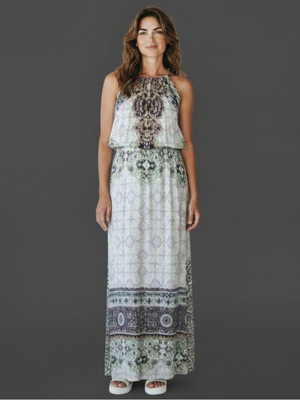 Hale Bob Geometric Maxi Dress L White Blouson Top Side Slits Adjustable Neck New